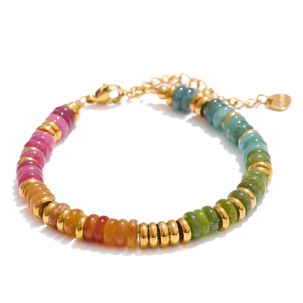 Yhpup Colorful Natural Stone Beads Chain Handmade Bracelet Bangle Waterproof Bohemia Stainless Steel Y2K Trendy Jewelry Gift
